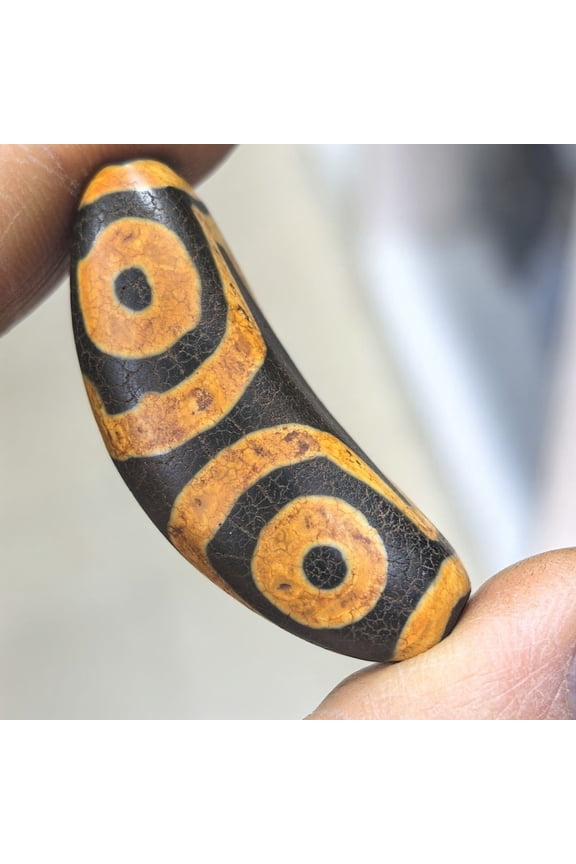 Tibetan Four Eye Dzi Bead Pendant Curved Tube Horn Shape Vintage Style Jewelry Supply Collectible 46x14mm Unisex Amulet
