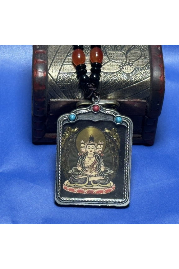 Tibetan Inlaid Pendant Thangka Xizang Buddha Necklace Buddhist Amulet Spiritual Jewelry for Men Women Collectible Gift