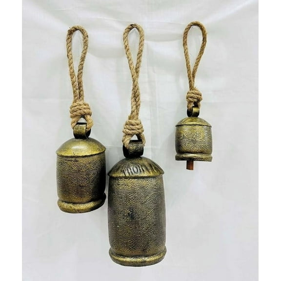 Tibetan Inspired Decorative Cow Bells with Jute Hanging Rope, Set of 3 4 Inch,6 Inch,8 InchH, Bronze