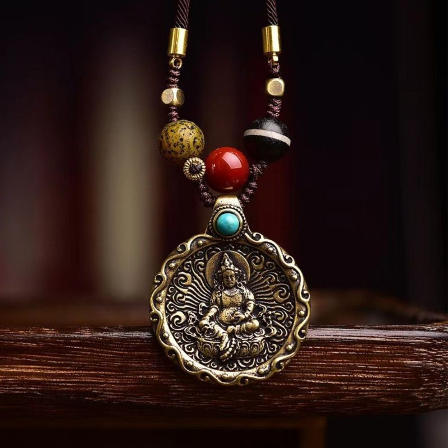 Tibetan Jambhala Pendant Necklace Adjustable Cord Iron Amulet Antique 