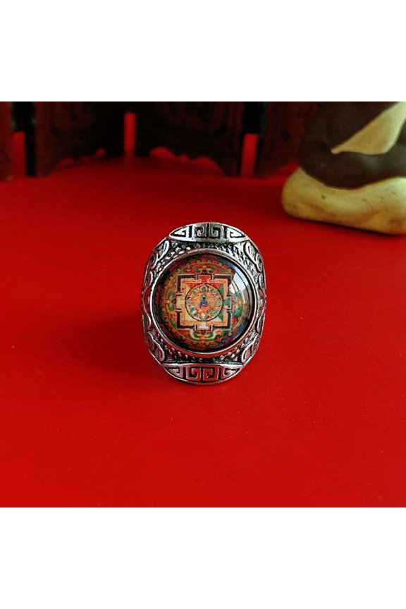 Tibetan Mandala Ring Hand Painted Thangka Adjustable Wide Band Ethnic Style Jewelry for Men Spiritual Symbolic Accessory