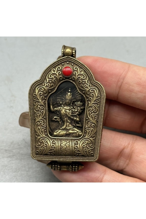 Tibetan Manjushri Brass Buddha Pendant Portable Shrine Amulet Statue Decor Jewelry Buddhist Mini Altar for Men Women