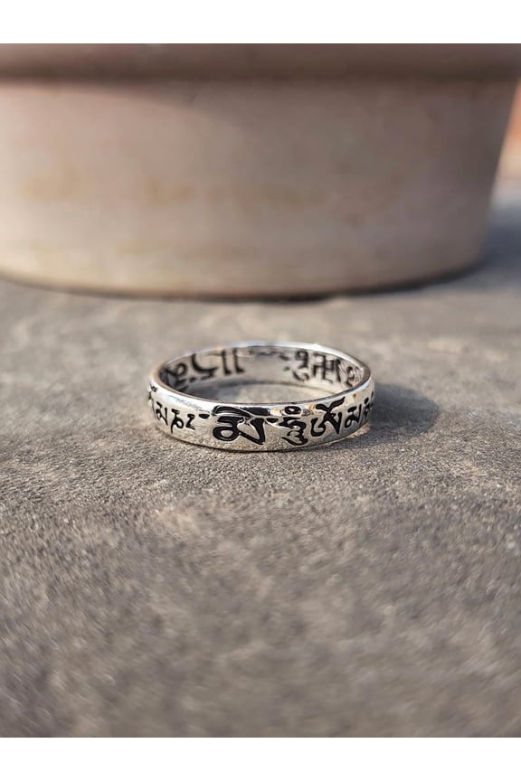 Tibetan Mantra Ring Sterling Silver Spiritual Jewelry with Om Mani Padme Hum Engraved Band, Oxidized Finish, Handcrafted Meditation Mantra Gift