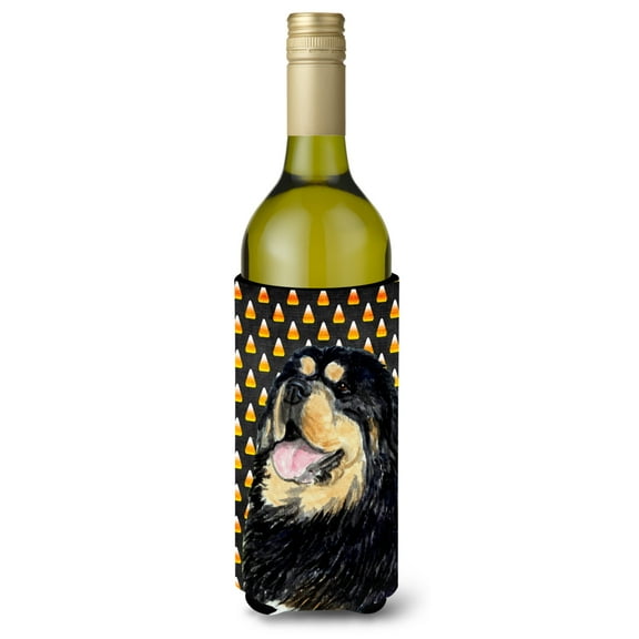 Tibetan Mastiff Candy Corn Halloween Portrait Wine Bottle Hugger