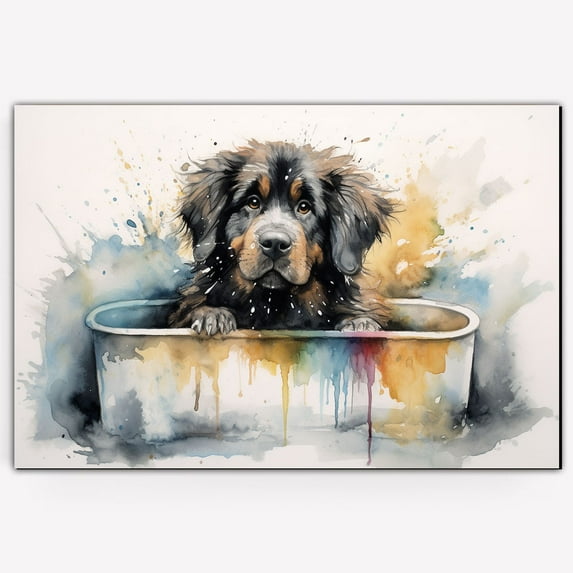 Tibetan Mastiff Cute Dog Cat in Bathtube Pictures Painting Prints, Funny Colorfull Animals Bathroom Wall Decor Pet Artworks Pet Gift Ready To Hang, Canvas Wall Art