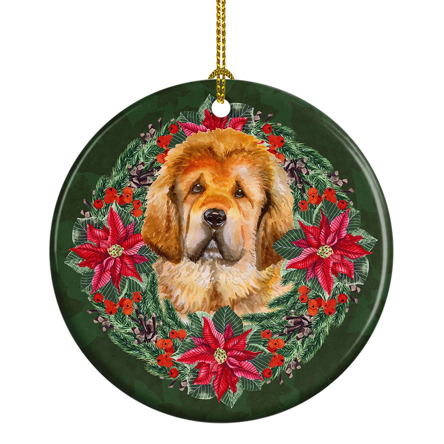 Tibetan Mastiff Poinsetta Wreath Ceramic Ornament 2.8 in x 2.8 in