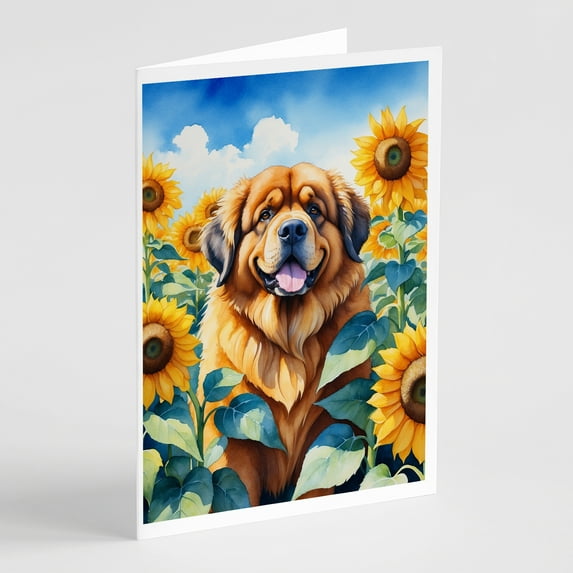 Tibetan Mastiff in Sunflowers Greeting Cards Pack of 8 7 in x 5 in