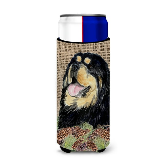 Tibetan Mastiff on Faux Burlap with Pine Cones Ultra Hugger for slim cans
