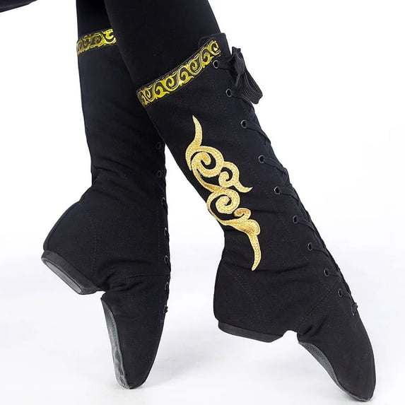 Tibetan Men Women Dance Boots Unisex Mongolian Dance Shoes Horse Boots New Canvas Dance Performance Ballet Boots Show Footware (Black Gold Flower,37)