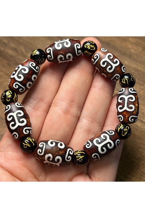 Tibetan Nine-Eye Dzi Bead Bracelet Black White Spiritual Jewelry Unisex Buddhist Meditation