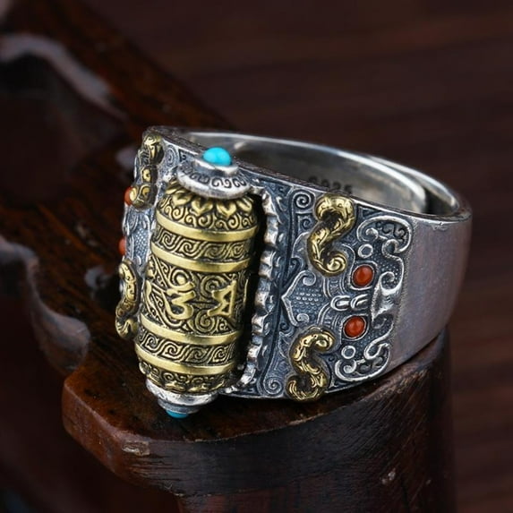 Tibetan Om Mani Padme Hum Spinner Ring for Men Rotatable Vintage Buddhist Mantra Ring Meditation Jewelry