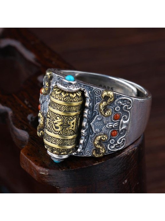 Tibetan Om Mani Padme Hum Spinner Ring for Men Rotatable Vintage Buddhist Mantra Ring Meditation Jewelry