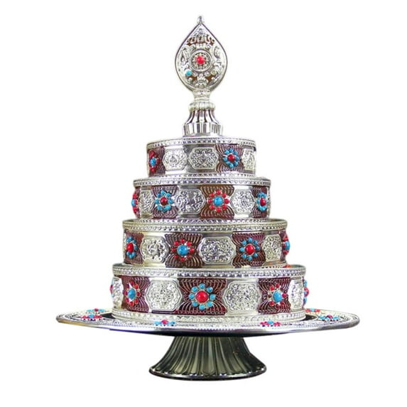 Tibetan Pan Altar Mandala Carving Symbols Table Decor Tibet Buddhist Offering Tray Temple Supplies Mandhapan for Home Office Argent
