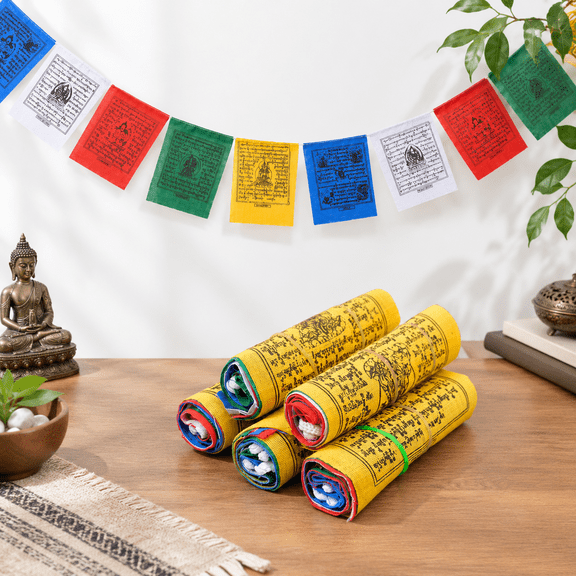 Tibetan Prayer Flags, X-Small (4.50 Inches X 3.50 Inches), 5 Rolls of 50 Total, Colorful Buddhist Outdoor Decor