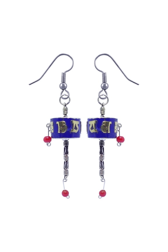 Tibetan Prayer Wheel Compressed Blue Lapis Lazuli Gemstone Chip Inlay Earrings For Women 925 Silver Plated Boho Ethnic Tribal Gypsy Fashion Earrings