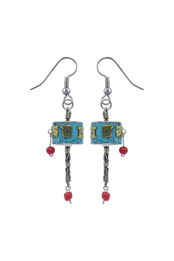 Tibetan Prayer Wheel Compressed Turquoise Gemstone Chip Inlay Drop Earrings For Women 925 Silver Plated Boho Ethnic Gypsy Fashion Earrings