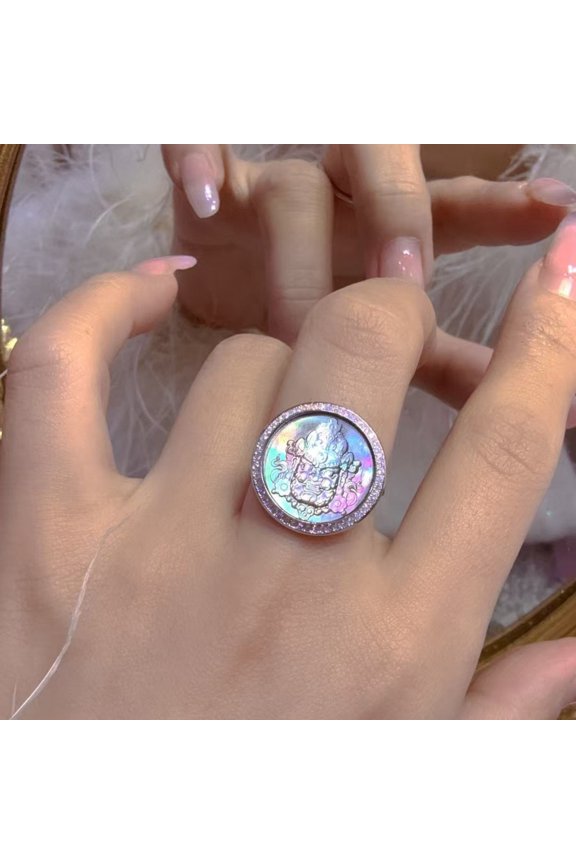 Tibetan Shell Carved Jambhala Ring Inlaid Buddhist Jewelry Unique Design Spiritual Accessory for Men and Women Gift