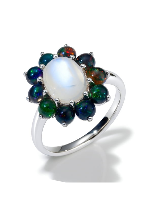 925 Sterling Silver Designer Ring Natural Black Opal & Moonstone Gemstones Jewelry