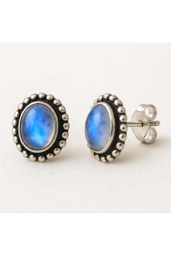 925 Sterling Silver Plated Blue Fire Moonstone Oval 7X9mm Stud Earring Women Gift