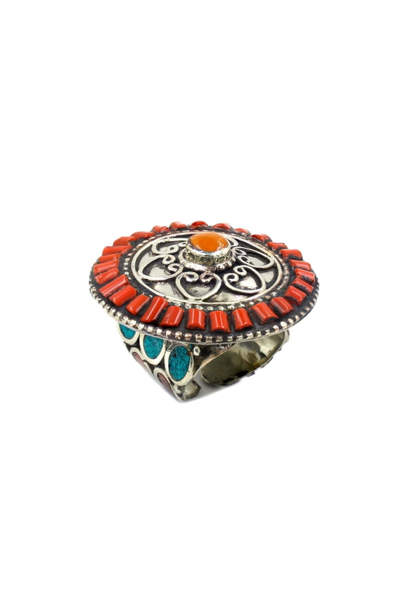 Bohemian Statement Ring for Men Women Handmade Jewelry with Coral & Amber Gemstones Adjustable Size
