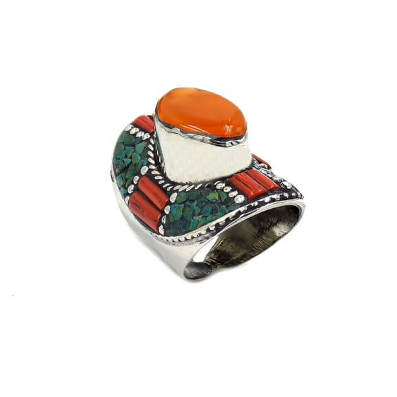 Tibetan Silver Bohemian Statement Rings Jewelry for Men & Women Handmade Amber Turquoise Coral Ring Silver-Plated Adjustable Gemstone Ring Unique Fashion Jewelry Gift