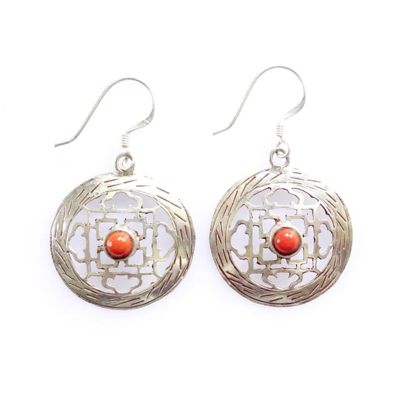 Tibetan Silver Boho Dangle Earrings For Women Handmade Red Coral Gemstone 925 Silver Plated Earring
