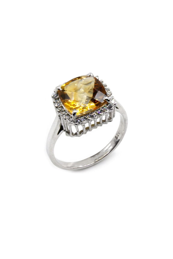 Citrine Fashion Ring 925 Sterling Silver Jewelry Statement Halo Pattern, US size 7