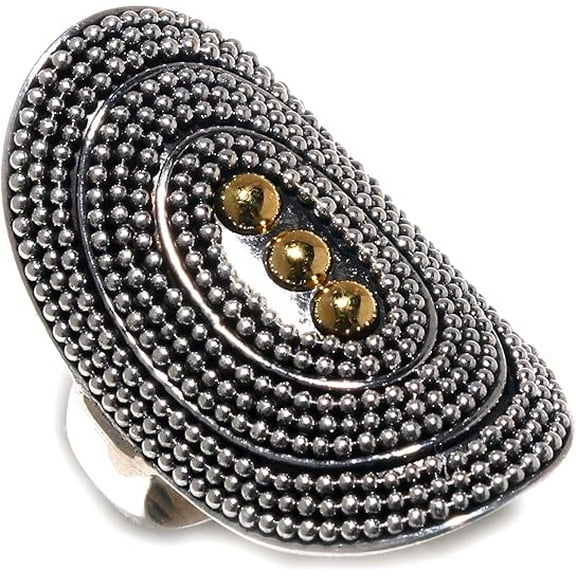 Tibetan Silver Handmade 925 Sterling Silver Two Tone Boho Statement Ring Oxidized Unique Design Size 10