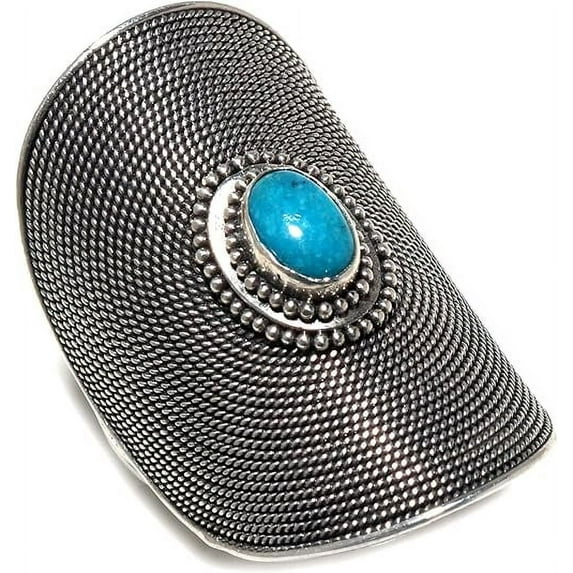 Tibetan Silver Handmade 925 Sterling Statement Ring Oxidized Natural Turquoise Boho Jewelry Size 8.5