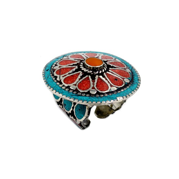Tibetan Silver Handmade Bohemian Statement Ring for Men & Women Coral Turquoise & Amber Gemstones Adjustable Silver Plated Gift Jewelry