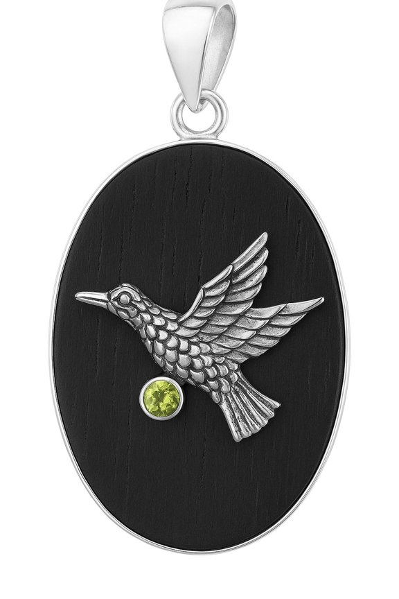Handmade Peridot Sterling Silver Flying Bird Pendant Unique Wood Jewelry for Women