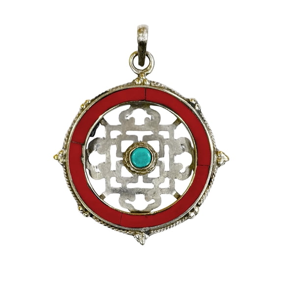 Tibetan Silver Handmade Pendant Necklace with Red Coral Mandala Design Bohemian Jewelry for Men & Women