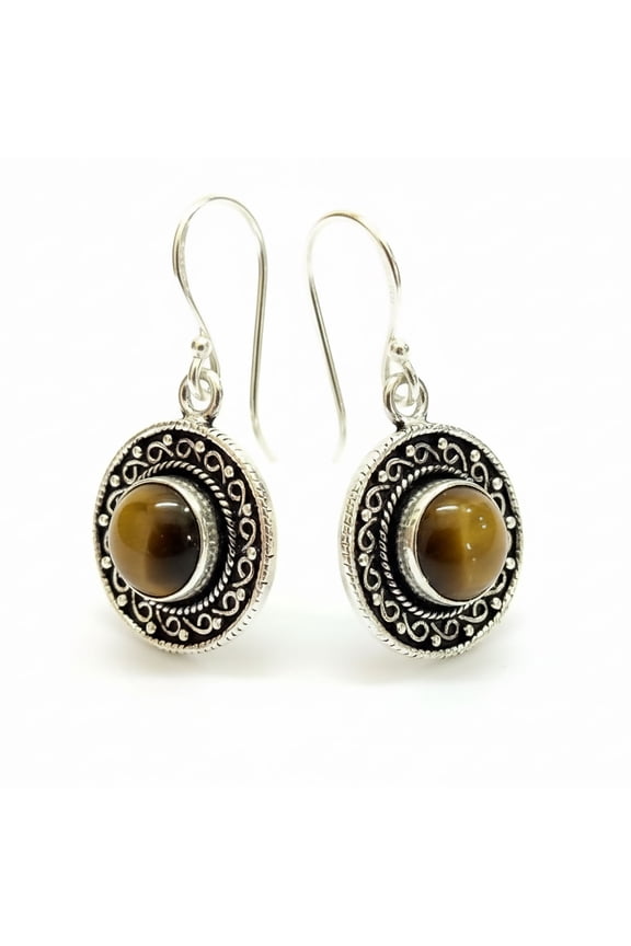 Handmade Tiger Eye Drop Earrings Boho Tribal Silver Plated Filigree Jewelry for Women