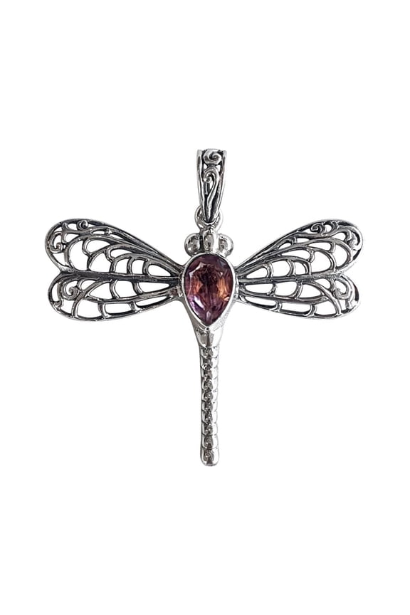 Natural Amethyst Sterling Silver Dragonfly Pendant Handcrafted Balinese Jewelry