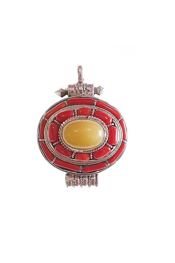 Spiritual Prayer Box Pendant with Amber and Coral Gemstone Elegant Handmade Amulet Locket for Women 925 Sterling Silver Jewelry