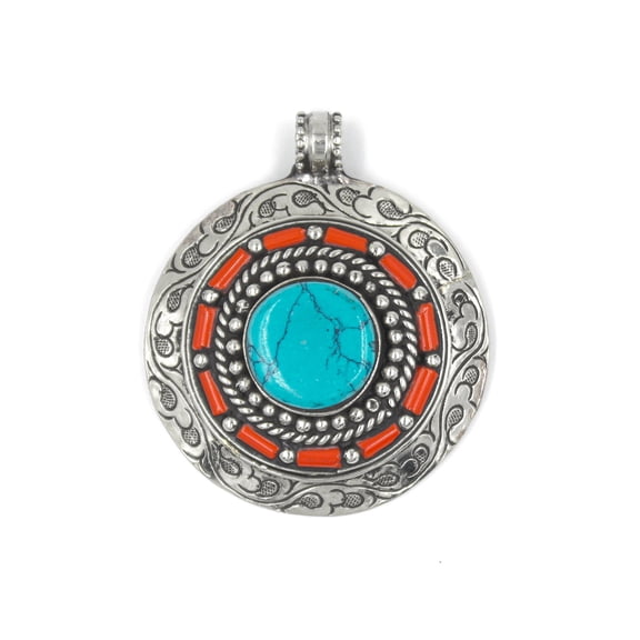 Tibetan Silver Handmade Round Pendant Necklace for Women Boho Jewelry with Turquoise & Coral, Artisan Design