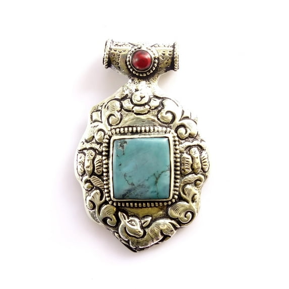 Tibetan Silver Women's Jewelry 925 Sterling Silver Plated Turquoise Coral Gemstone Pendant