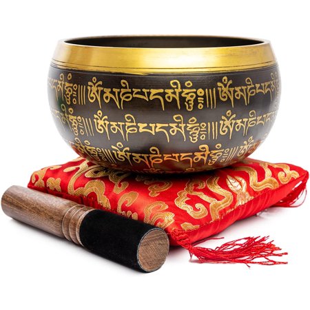 Tibetan Singing Bowl Set 4" - Easy To Play Authentic Handmade For Meditation Sound 7 Chakra Healing By Himalayan Bazaar (Black & Red)