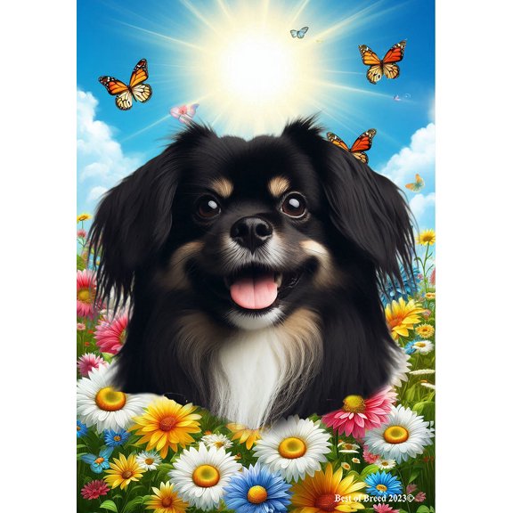Tibetan Spaniel Black/White - Best of Breed Summer Butterflies Outdoor House Flag 28" x 40" Mailbox Flag Dog Flag