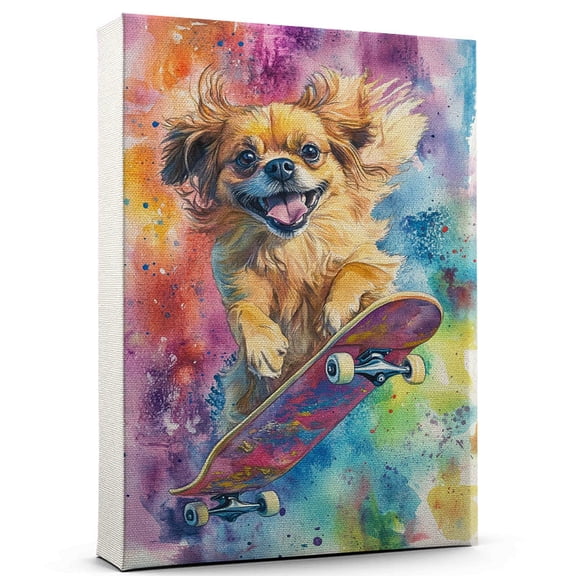 Tibetan Spaniel Dog Playing Skateboarding Wall Stretched Canvas Size 8x12 – Tibetan Spaniel Canvas Art for Dog Lovers, Skateboarding Canvas Wall Decor