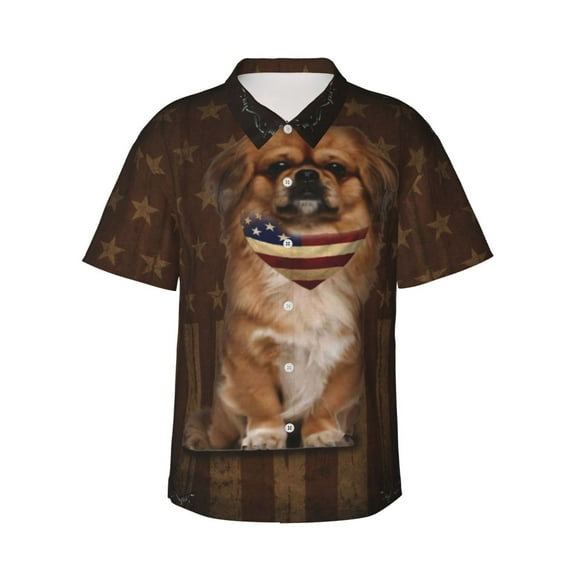 Tibetan Spaniel Dog With Vintage American Flag Men's 3d Print Casual Button Down Shirts, Novelty Hawaiian Short Sleeves 2xl