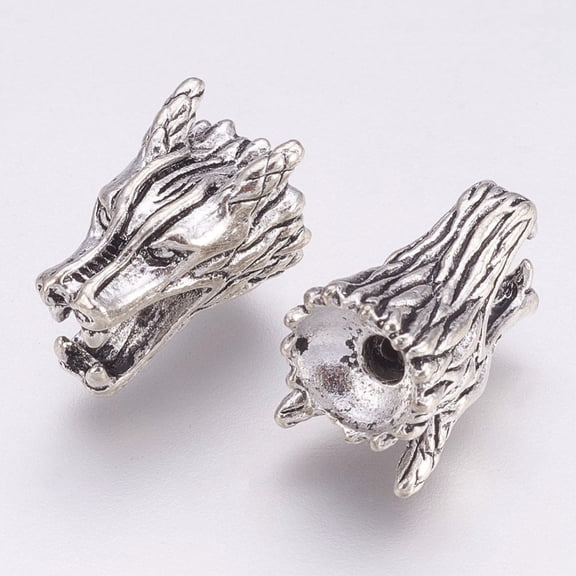 Tibetan Style Alloy Beads Dragon Head Silver 9x15x10mm Hole: 2mm diy