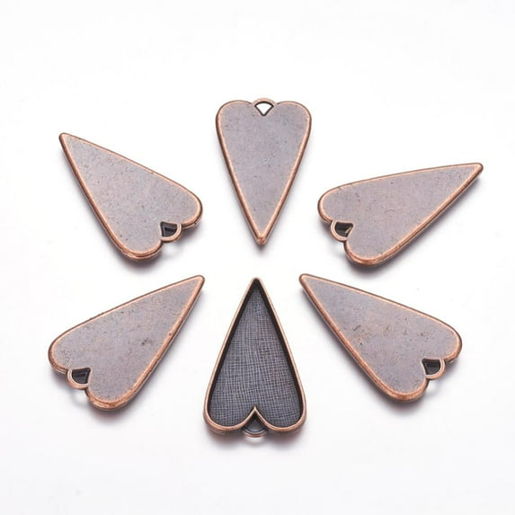Tibetan Style Alloy Big Pendant Cabochon Settings Plain Edge Bezel Cups Lead Free & Cadmium Free & Nickel Free Heart Red Copper Tray: 40x25.5mm 53.5x30x4mm