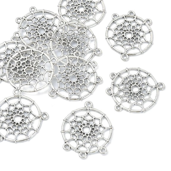 Tibetan Style Alloy Chandelier Components Links Cadmium Free & Lead Free Flat Round Silver 34x28x2mm Hole: 2mm