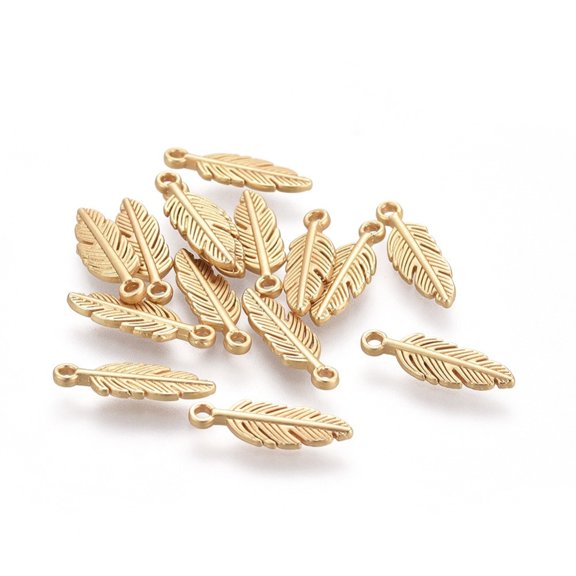Tibetan Style Alloy Charms Feather Lead Free & Nickel Free & Cadmium Free Real 18K Gold Plated Matte Gold Color 15x5x1.5mm Hole: 1mm