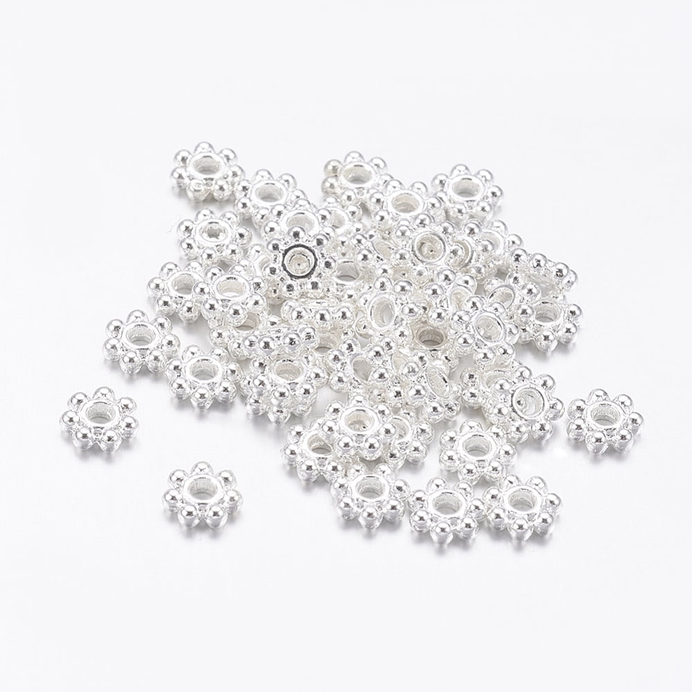 Tibetan Style Alloy Daisy Spacer Beads Flower Lead Free & Cadmium Free Silver Color Plated 4.5x1.5mm Hole: 1mm