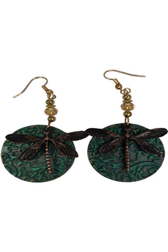 Tibetan Style Alloy Dangle Earrings Dragonfly Bronze & Green Patina 33mm