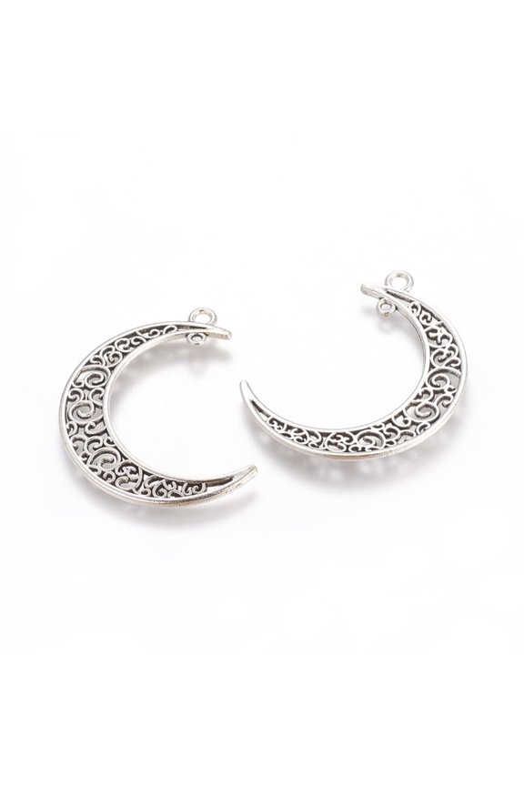 Tibetan Style Alloy Hollow Moon 2-Loop Link Pendants Cadmium Free & Lead Free Silver 37x8x2mm Hole: 1~3mm 10pc