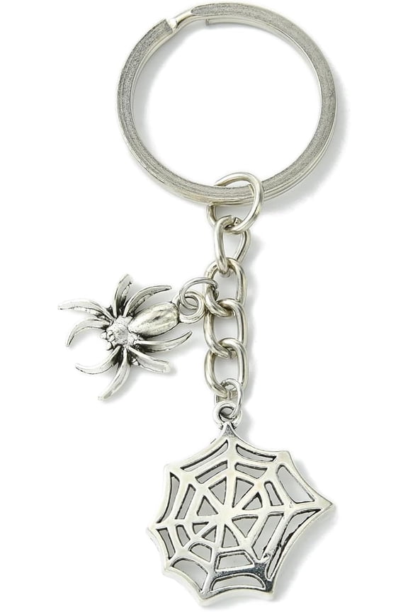 Tibetan Style Alloy Pendants Keychain with Iron Split Key Rings Spider Web Antique Silver & Platinum 8cm 10pcs/set.
