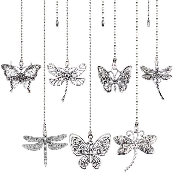 Tibetan Style Alloy Rhinestone Ceiling Fan Pull Chain Extenders Butterfly & Dragonfly Pendant Decoration Silver 350~375mm 8 style 8Pc/set